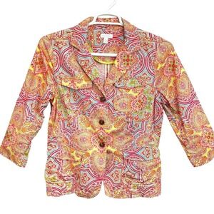 Charter Club Paisley Blazer M Orange Multicolor Cotton Blend 3/4 Sleeve Button